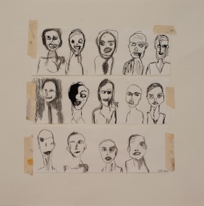 Faces, 2010, mixed media on paper, 18 x 18 inches