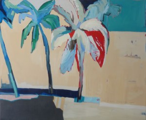 To the Times When It Rains Champagne Again, 2020, acrylic and collage on canvas, 48 x 58 inches (available at Hang Art)